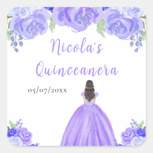 Brown Hair Princess Purple Floral Quinceanera Square Sticker