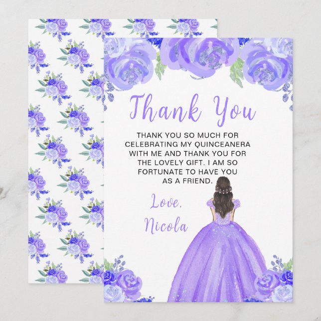 Brown Hair Princess Purple Floral Quinceanera Thank You Card (Front/Back)