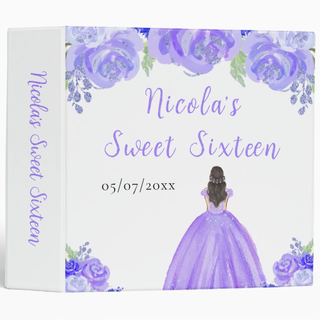Brown Hair Princess Purple Floral Sweet Sixteen 3 Ring Binder (Front/Spine)