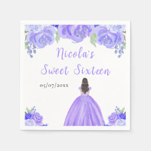 Brown Hair Princess Purple Floral Sweet Sixteen Napkins