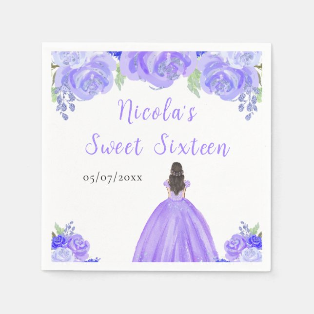 Brown Hair Princess Purple Floral Sweet Sixteen  Napkins (Front)