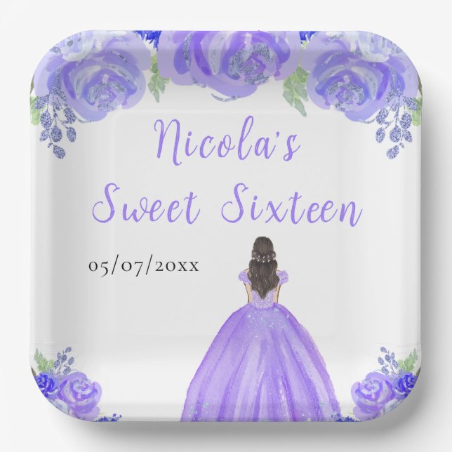 Brown Hair Princess Purple Floral Sweet Sixteen  Paper Plates (Front)