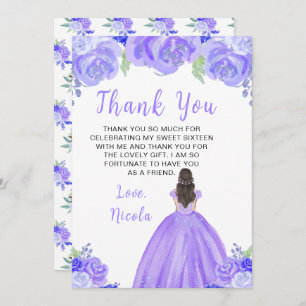 Brown Hair Princess Purple Floral Sweet Sixteen Thank You Card