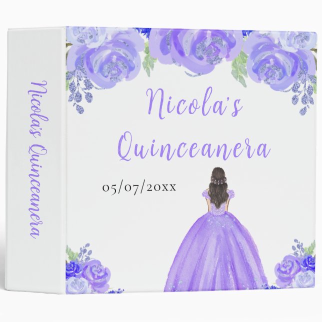 Brown Hair Princess Purple Quinceanera Photo Album 3 Ring Binder (Front/Spine)
