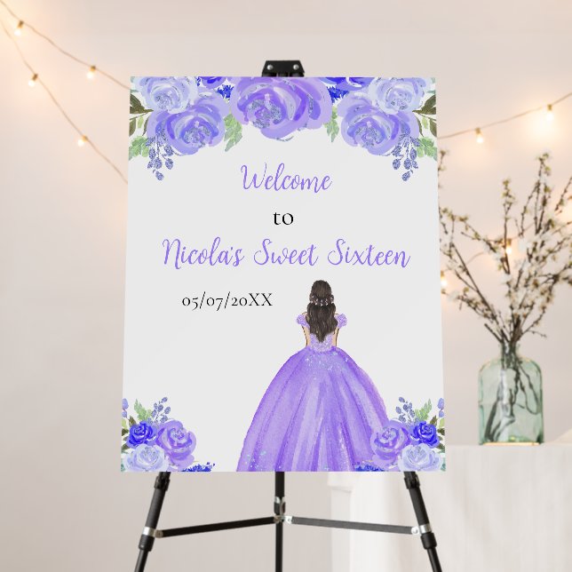 Brown Hair Princess Purple Sweet Sixteen Welcome Foam Board (In Situ (Stand))