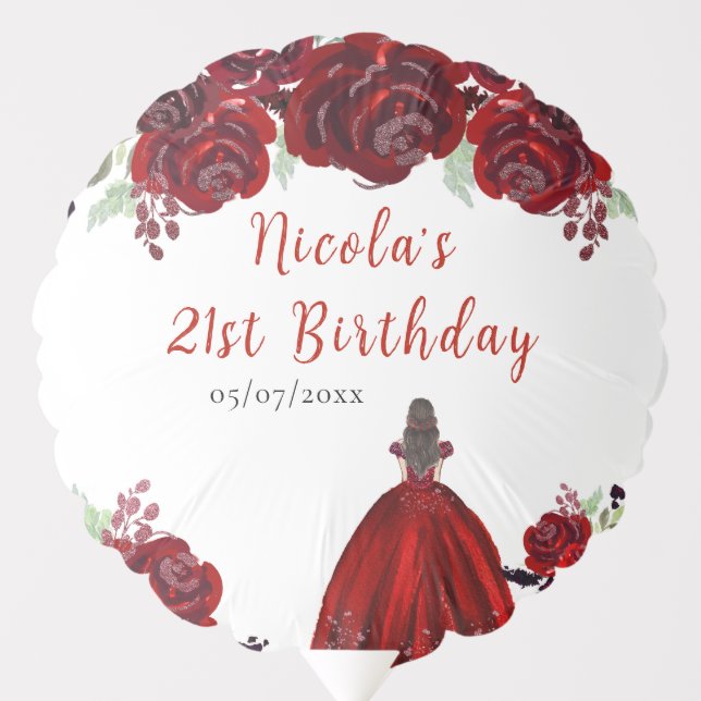 Brown Hair Princess Red Floral Birthday Balloon (Front)