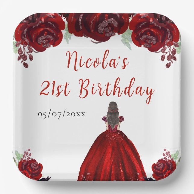 Brown Hair Princess Red Floral Birthday Paper Plates (Front)