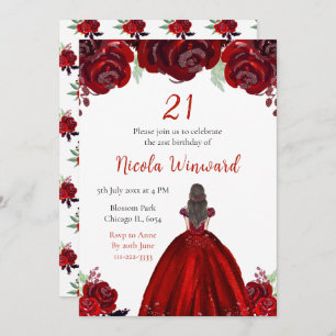 Brown Hair Princess Red Floral Birthday Party Invitation