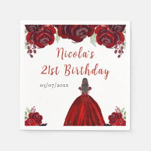 Brown Hair Princess Red Floral Birthday Party Napkins