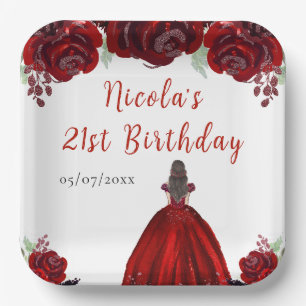 Brown Hair Princess Red Floral Birthday Party Paper Plates