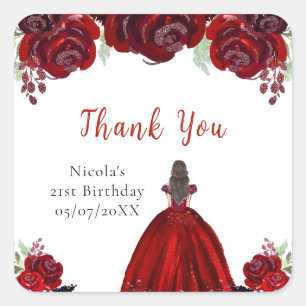 Brown Hair Princess Red Floral Birthday Square Sticker