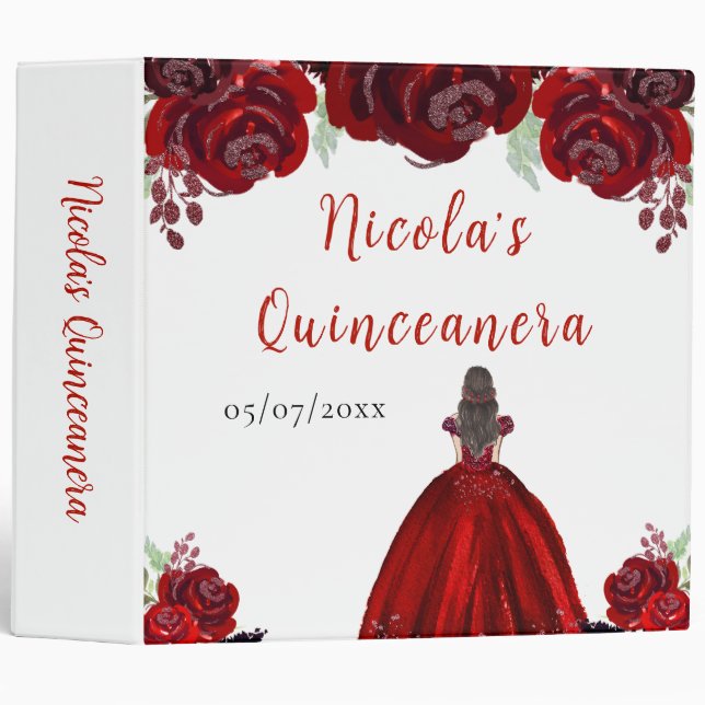 Brown Hair Princess Red Floral Quinceanera 3 Ring Binder (Front/Spine)
