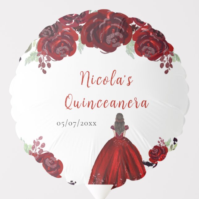Brown Hair Princess Red Floral Quinceanera Balloon (Front)