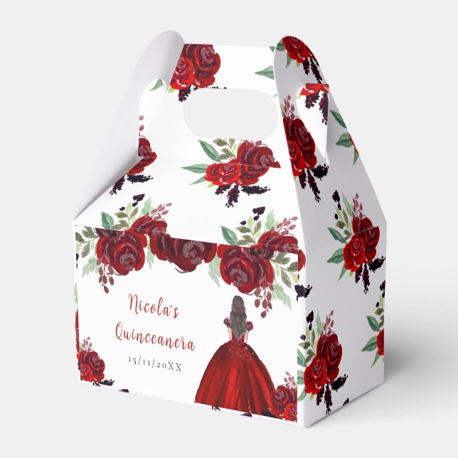 Brown Hair Princess Red Floral Quinceanera Favor Boxes (Front Side)
