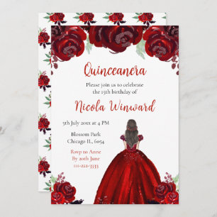 Brown Hair Princess Red Floral Quinceanera Invitation