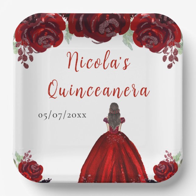 Brown Hair Princess Red Floral Quinceanera Paper Plates (Front)