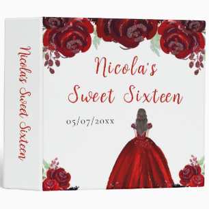 Brown Hair Princess Red Floral Sweet Sixteen 3 Ring Binder