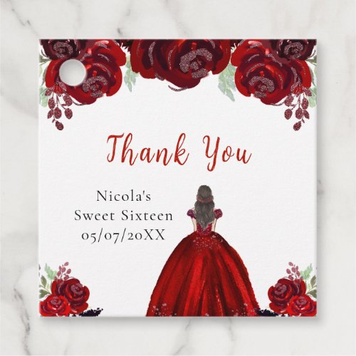 Brown Hair Princess Red Floral Sweet Sixteen  Favor Tags