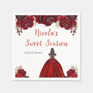Brown Hair Princess Red Floral Sweet Sixteen  Napkins