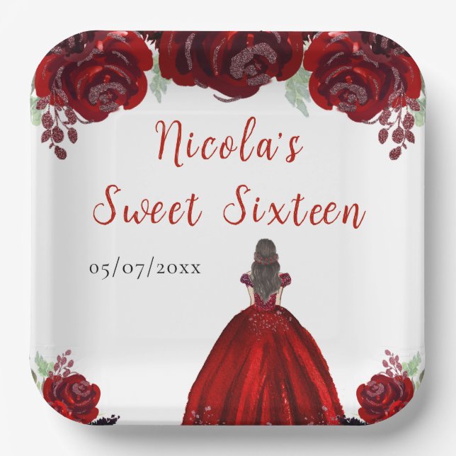 Brown Hair Princess Red Floral Sweet Sixteen  Paper Plates (Front)