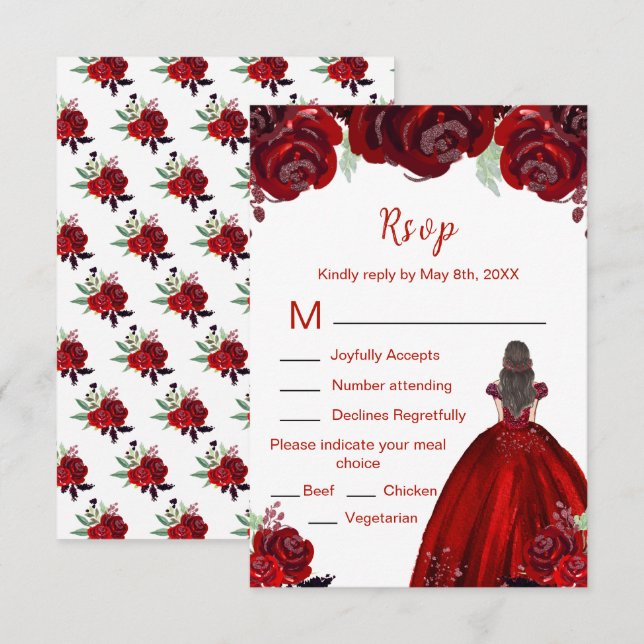 Brown Hair Princess Red Floral Sweet Sixteen  RSVP Card (Front/Back)