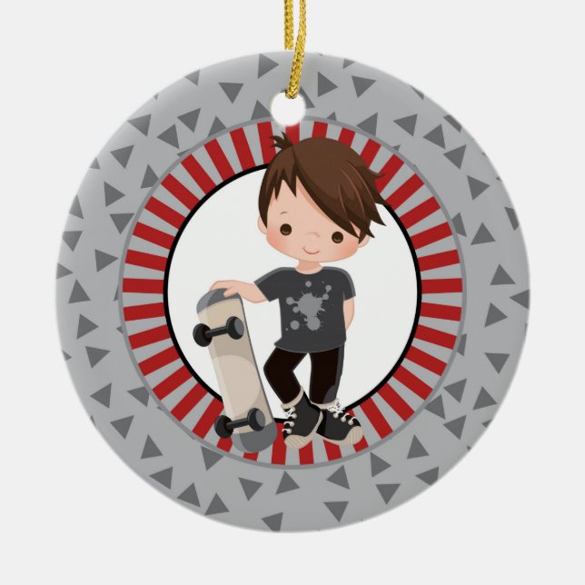 Brown Hair Skateboard Boy - Gray Red Ceramic Ornament (Front)