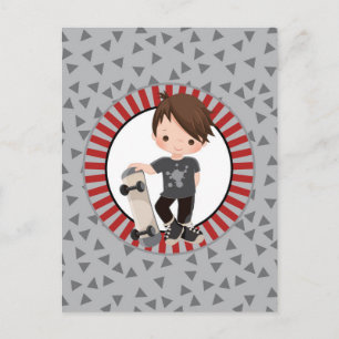 Brown Hair Skateboard Boy - Gray Red Postcard