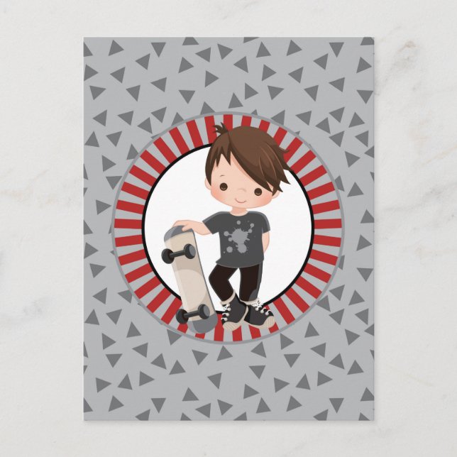 Brown Hair Skateboard Boy - Gray Red Postcard (Front)