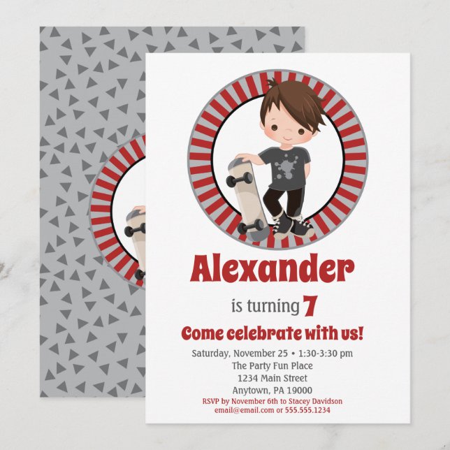 Brown Hair Skateboard Boys Birthday Invitation (Front/Back)