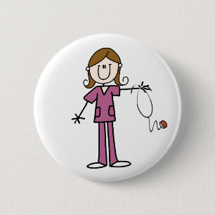 Brown Hair Stick Figure Nurse Button
