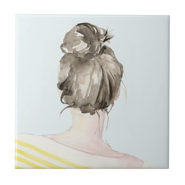 Brown Hair Top Knot Bun Ceramic Tile (Front)
