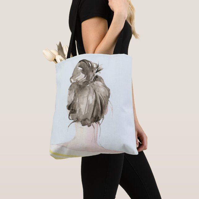 Brown Hair Top Knot Bun Tote Bag (Close Up)
