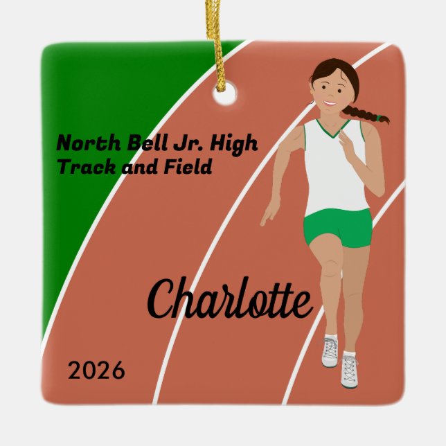 Brown Hair Track and Field Girl in Green White Ceramic Ornament (Front)