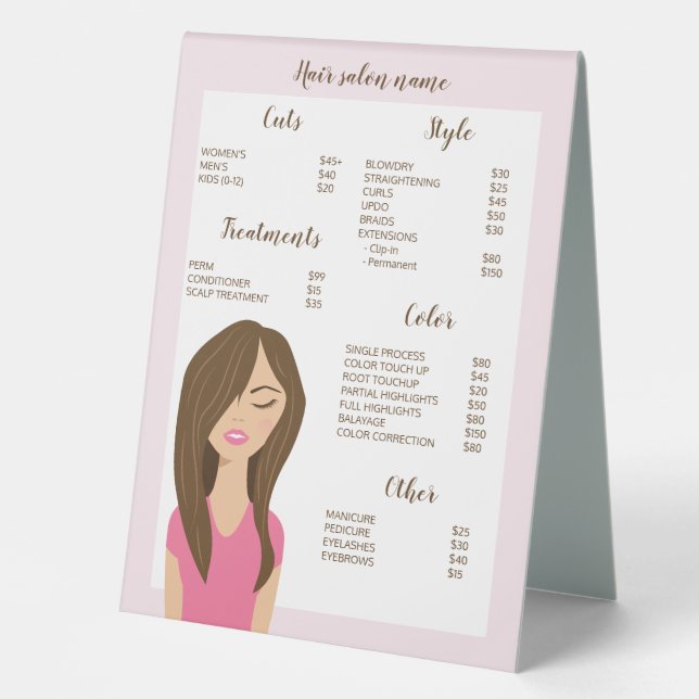 Brown Hair Woman Drawing Custom Hair Salon Menu Table Tent (Front)