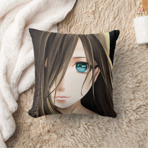 Brown Haired Blue Eyed Anime Girl Throw Pillow