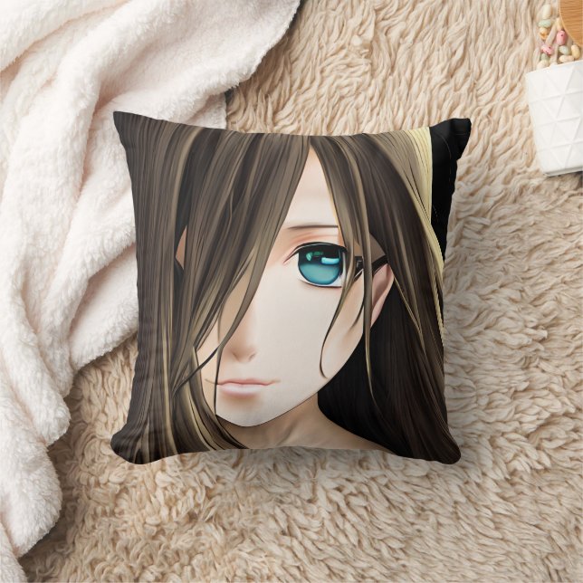 Brown Haired Blue Eyed Anime Girl Throw Pillow (Blanket)