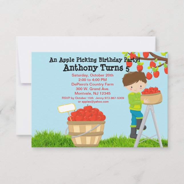 Brown Haired Boy Apple Picking Birthday Party Invitation (Front)