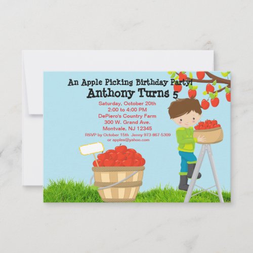 Brown Haired Boy Apple Picking Birthday Party Invitation