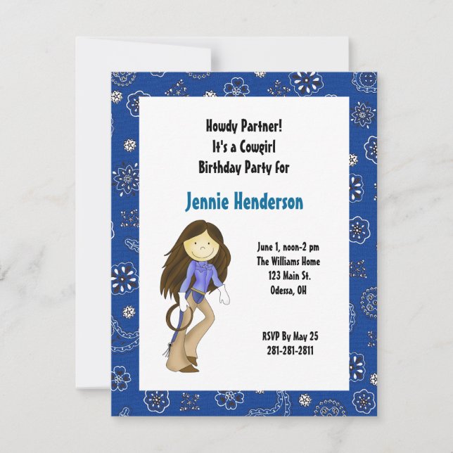 Brown Haired Cowgirl Birthday Invitation (Front)