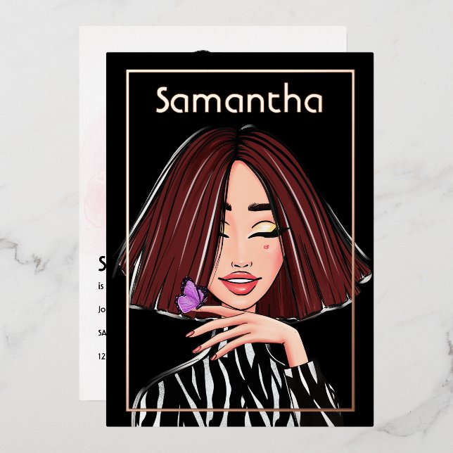 Brown Haired Girl Birthday Party Foil Invitation (Front/Back)