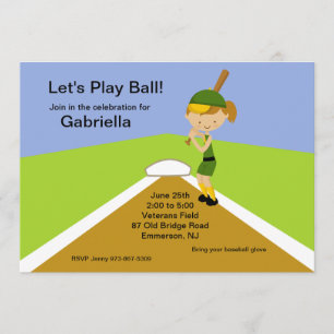Brown Haired Girls Softball Birthday Invitation