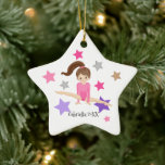 Brown Haired Gymnast Girl Gymnastics Christmas Ceramic Ornament<br><div class="desc">This is an adorable Christmas ornament for that gymnast in your life! It's a cute brown haired gymnast featuring colorful stars.  Personalize with a name and year.</div>