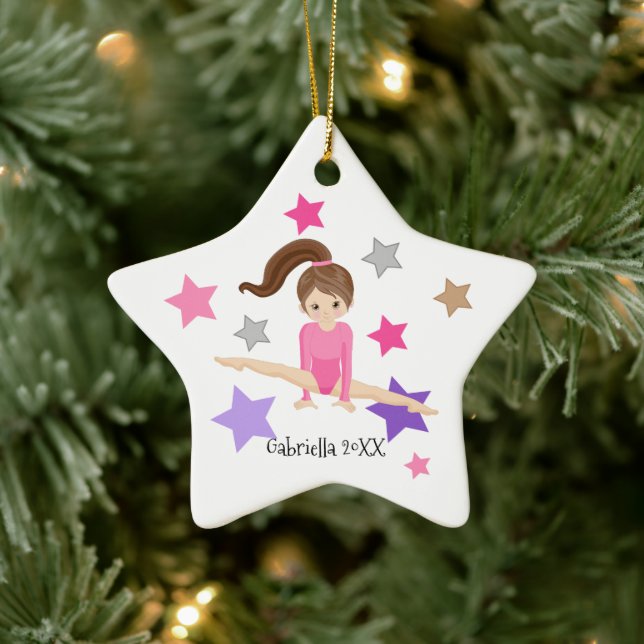 Brown Haired Gymnast Girl Gymnastics Christmas Ceramic Ornament (Tree)