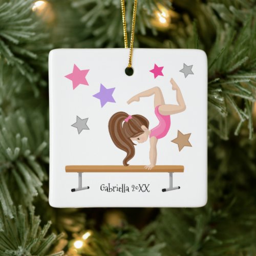 Brown Haired Gymnast Girl Gymnastics Christmas Ceramic Ornament