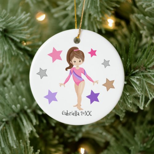 Brown Haired Gymnast Girl Gymnastics Christmas Ceramic Ornament