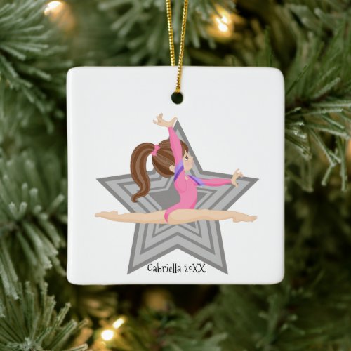 Brown Haired Gymnast Girl Gymnastics Christmas Ceramic Ornament