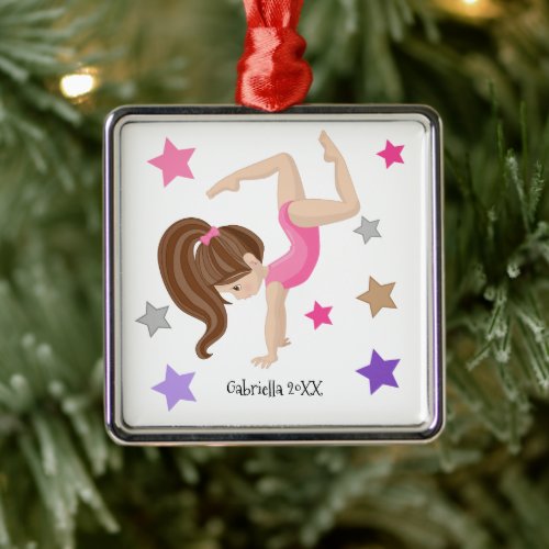 Brown Haired Gymnast Girl Gymnastics Christmas Metal Ornament