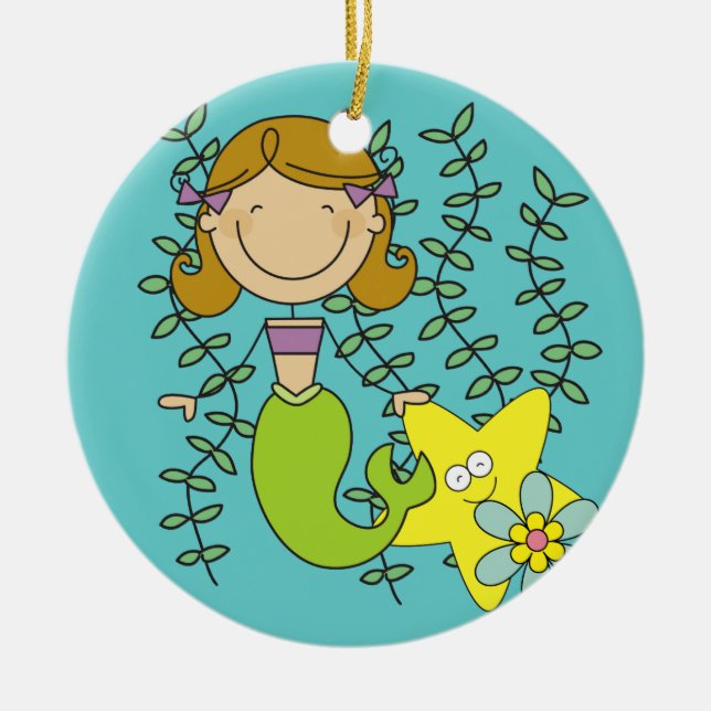 Brown Haired Mermaid Ceramic Ornament (Front)
