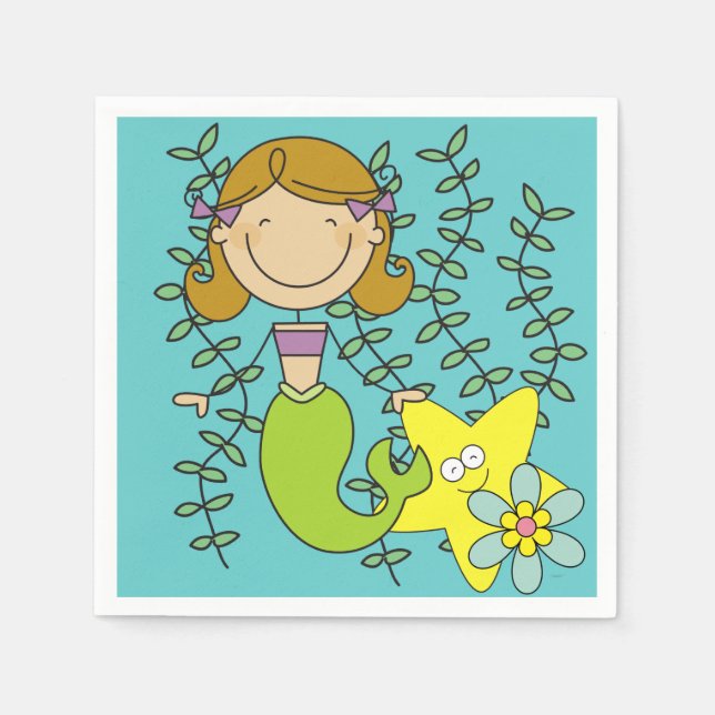 Brown Haired Mermaid Paper Napkins (Front)