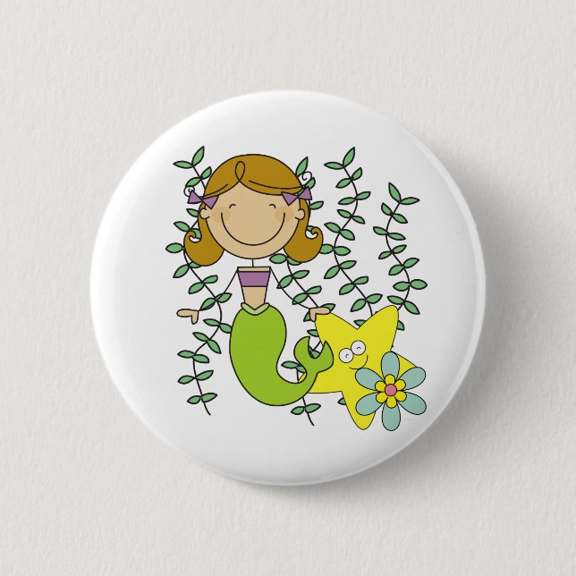 Brown Haired Mermaid Pinback Button (Front)